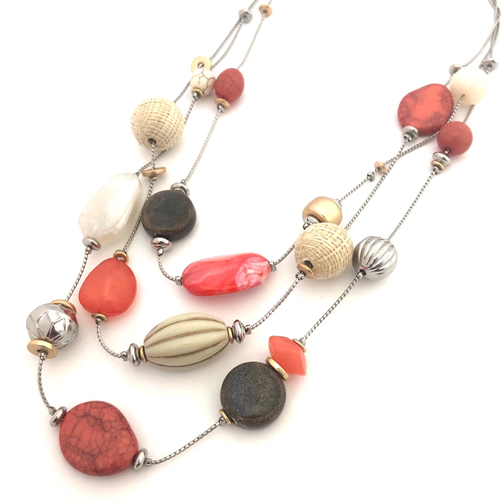Chico’s Triple Strand Necklace Pink Cream Rattan